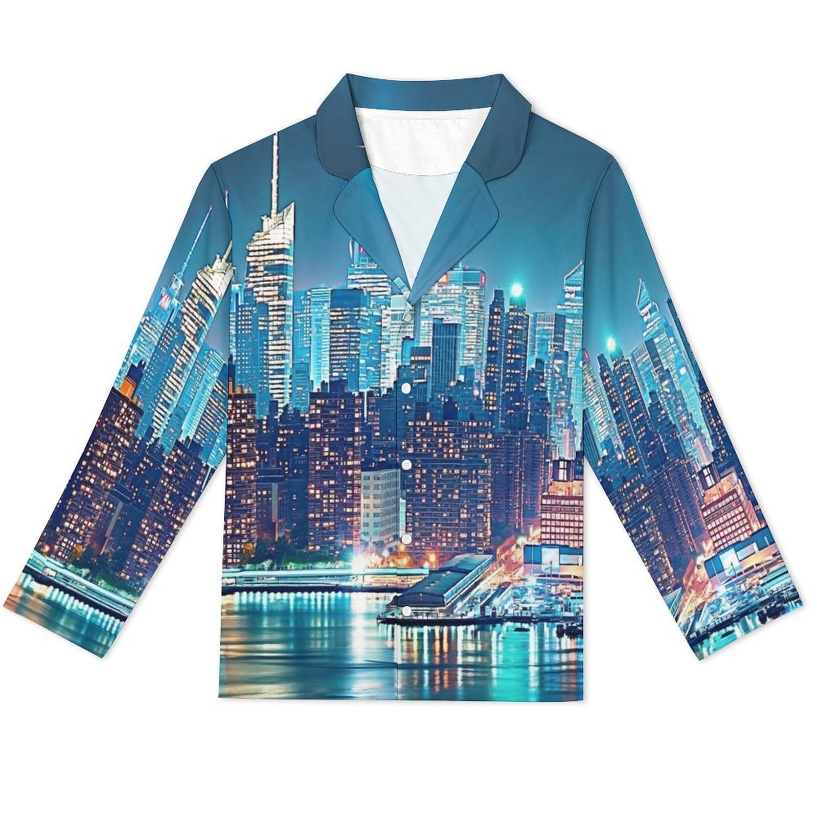 OLEETS Completo Pigiama da Uomo - Vista Notturna della Città Pigiama Invernale Pantaloni Top Caldo Autunnale Traspirante Morbido 2 Pezzi Casual Ampio