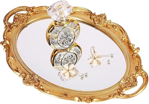 Polyresin Ellipse Antique Decorative Mirror Tray, Makeup Organizer, Jewelry Organizer,