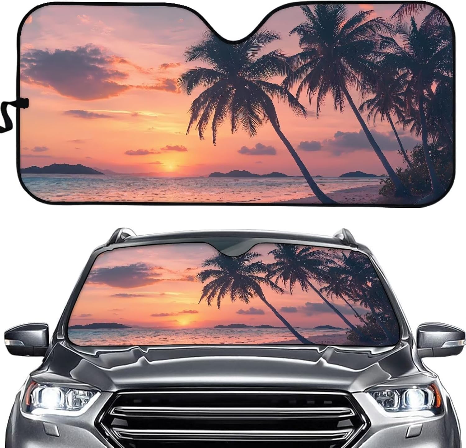 Front Windshield Sun Shade, Beach Palm Tree Car Sunscreen 57.1" x 27.4" Windshield Sun Visor for Car Trucks SUVs Vans, Blocks UV Rays Sun Visor Protector Easy Setup Keeps Your Vehicle Cool