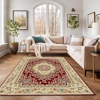 Orient Teppich Rot 180×260 cm, Klassischer Kurzflor mit Ornamentik, Pflegeleichter Läufer für Flur,Muster mit Medaillon Diele oder Eingangsbereich,Traditioneller Teppich für Wohnzimmer