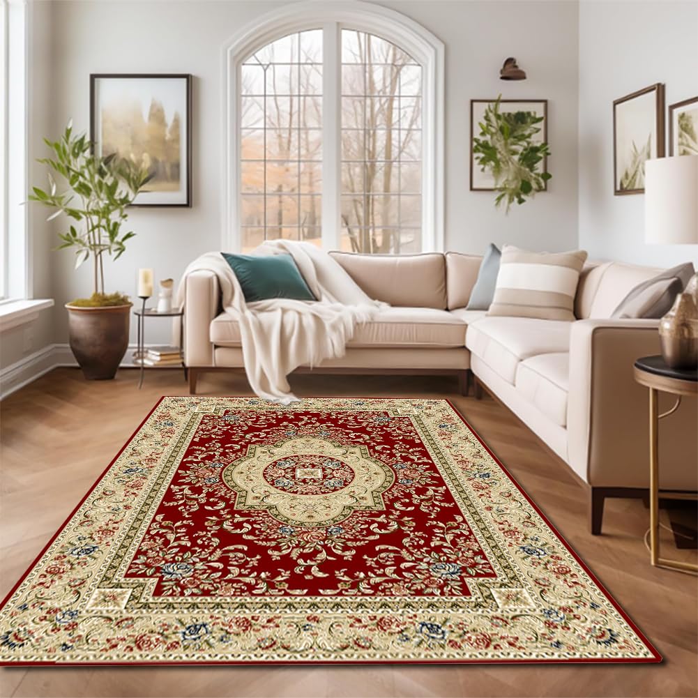 Tapis à poils courts rouge 200x300 cm avec ornements de conception orientale