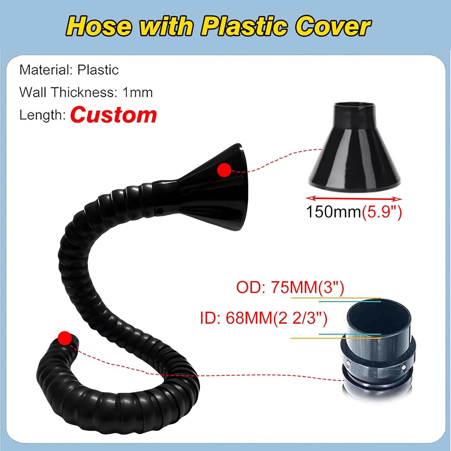 High Airflow Industrial Dust Collection Duct Hose, Bendable Heat Resistant Fume Extractor Arm with Hood, Suction Ventilation Arm (0.8m/2.6ft, ID 68mm/2.67in)