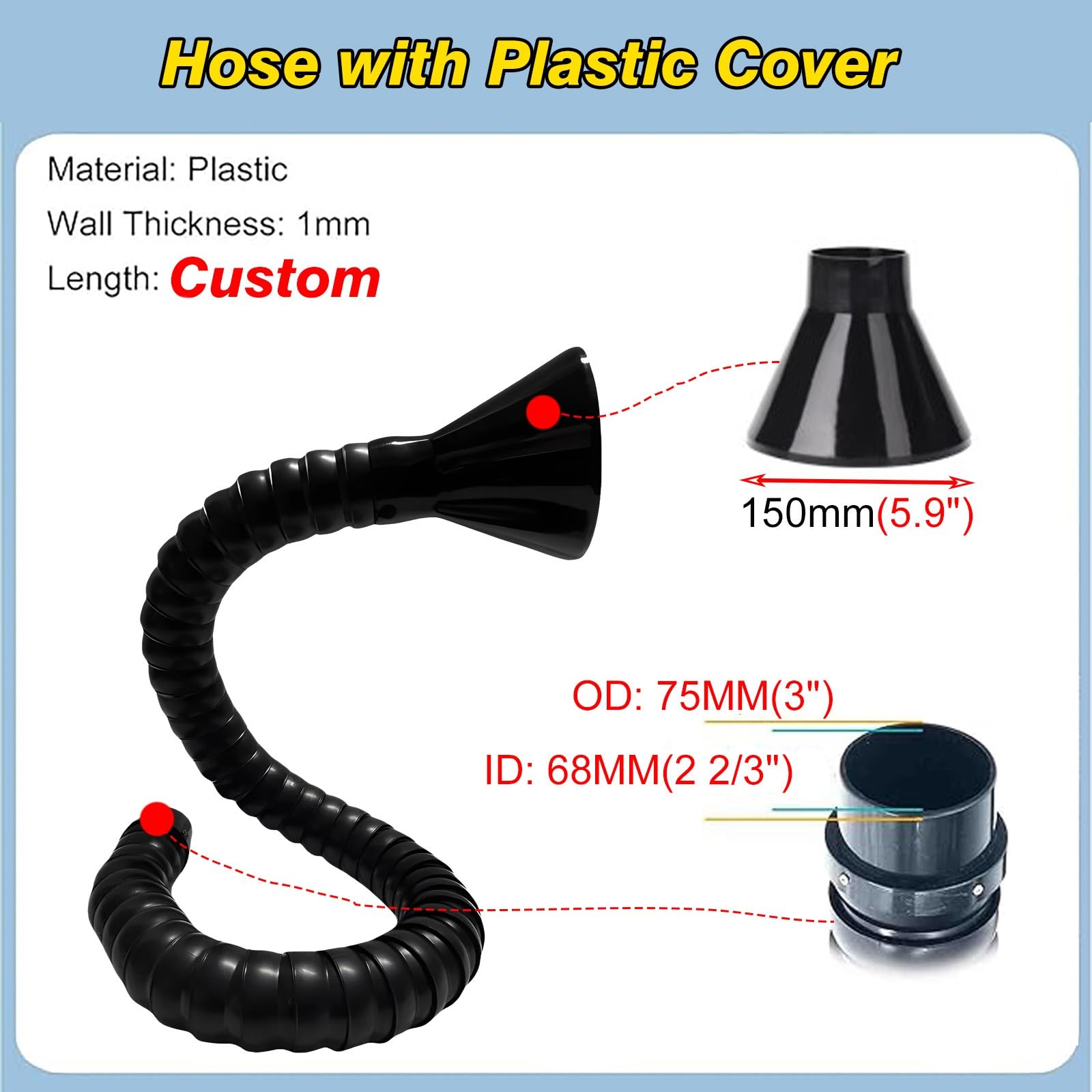 YLLFFLL Tubo Flexible Brazo Articulado De Extracción De Humos Oscilante - Conducto De Transición Flexible para Soldadura, Soldadura Y Recolección De Polvo(L 3M/10ft,ID 68MM/2 2/3 in)