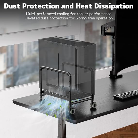 PUTORSEN Computer Tower Stand Under Desk - Height Adjustable PC Stand for Most Mid-Tower, Rolling CPU Holder with 360 Locking Wheels, Max Load 66 lbs, Black