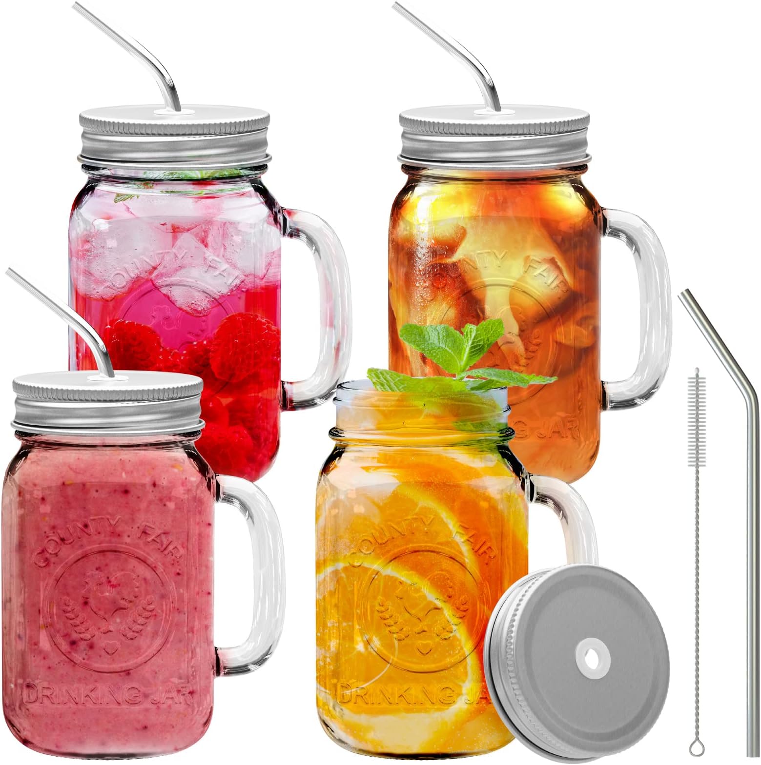 Brimley 16oz Glass Mason Jar with Lid and Straw Set of 4 - Glass Jar with Lid and Handle for Cold Drinks - Glass Mason Jars with Lids and Straws (Stainless Steel)