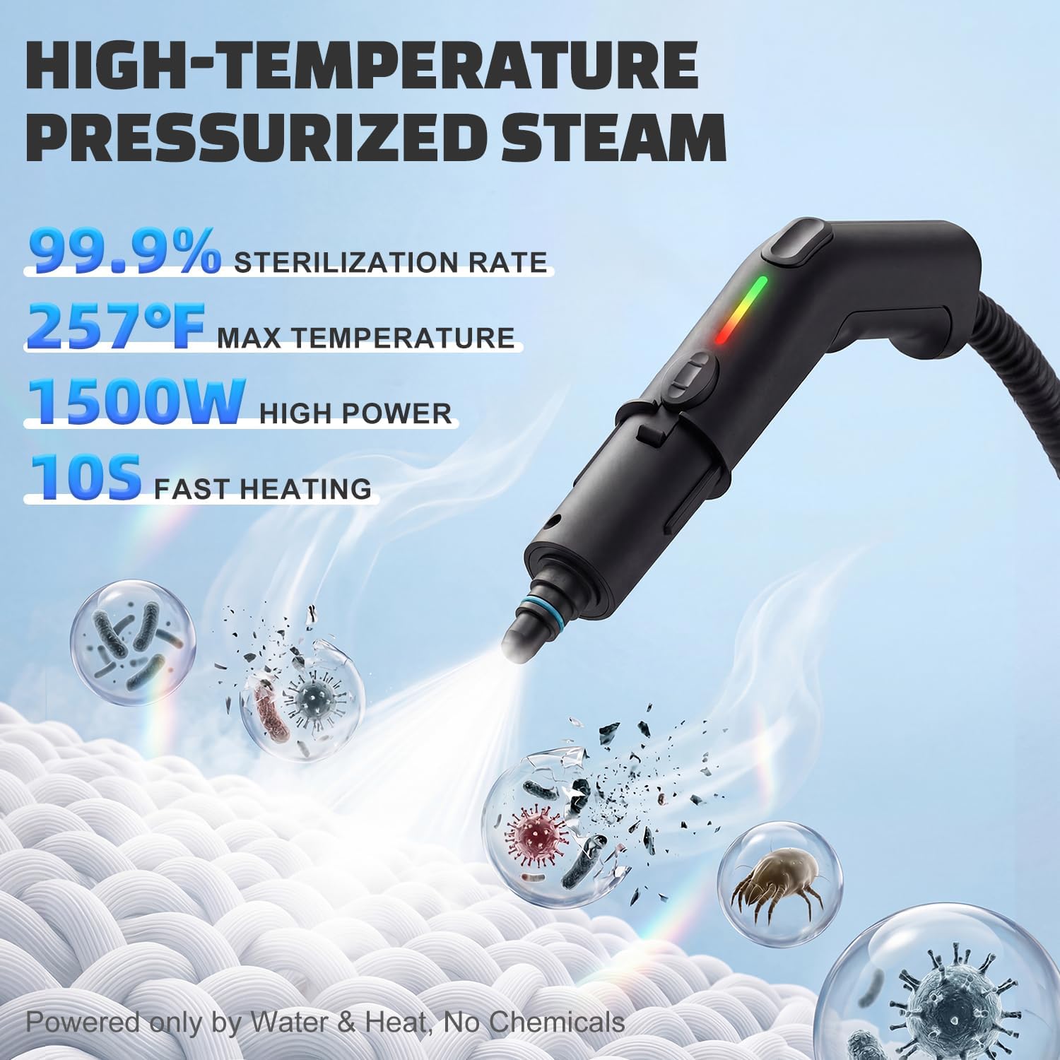 Handheld Steam Cleaner with On-Handle Control & Digital Display | 3 Level Pro Steam for Grease, Tile, Carpet | 45oz Tank, 10 Attachments for Home, Car, Kitchen Deep Cleaning (White)