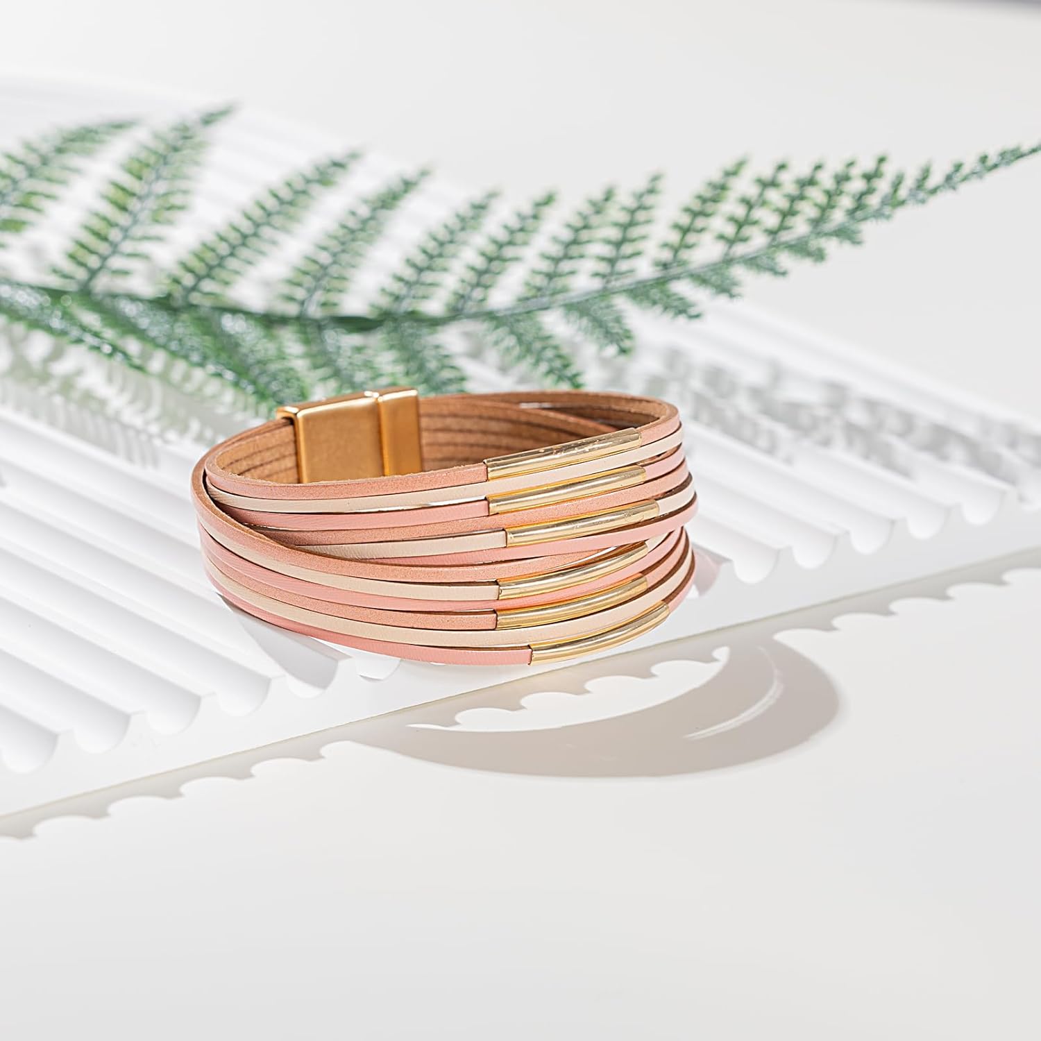 FANCY SHINY Boho Leather Bangle Bracelets Stackable Noodle Tube Bracelets Layered Wrap Cuff Bracelets with Magnetic Clasp - Image 7