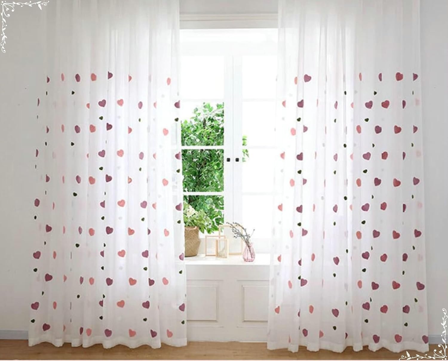 Daesar Transparent Curtains for Bedroom 2 Panels Set 63 Inch Length, Eyelet Voile Curtains Embroidered Heart Pattern Sheer Drapes Window Treatment for Living Room, 38x63 Inch Pink Purple