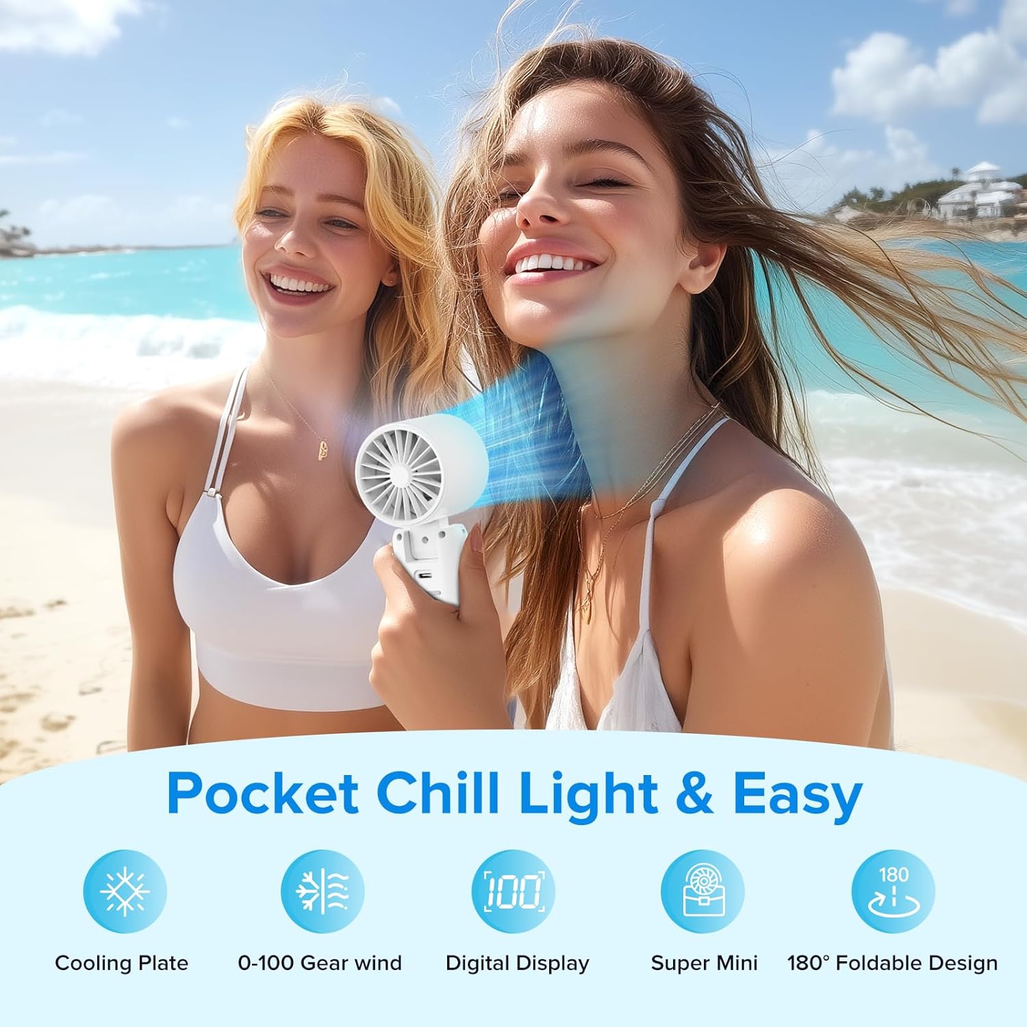 Portable Fan, 12500RPM Turbo Fan with 100 Speed, Digital Display, 180° Foldable, 3-in-1 Handheld/Desk Fan, 3600mAh Rechargeable for Travel/Work/Home/Outdoor（White）