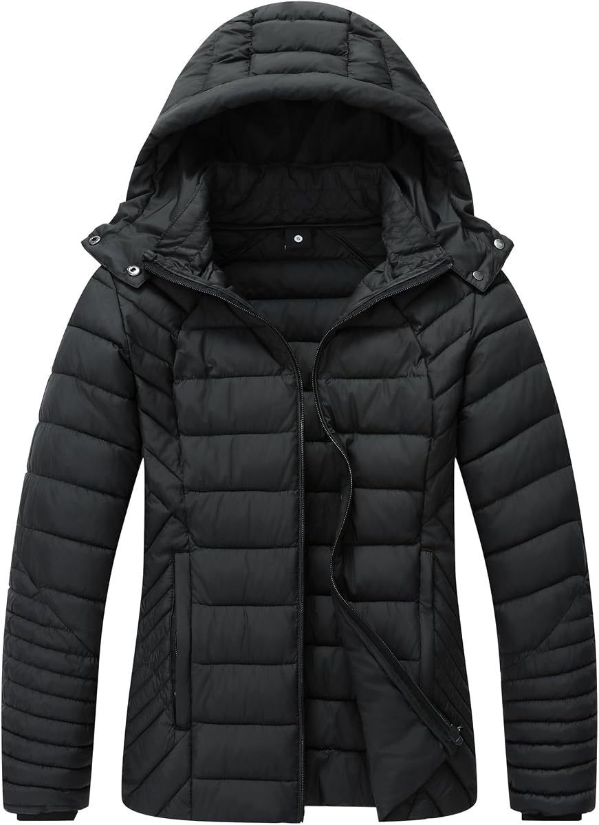 Women's Quilted Down Coat | Lightweight, Windproof, Waterproof, Detachable Hood, Warm for Winter Travel