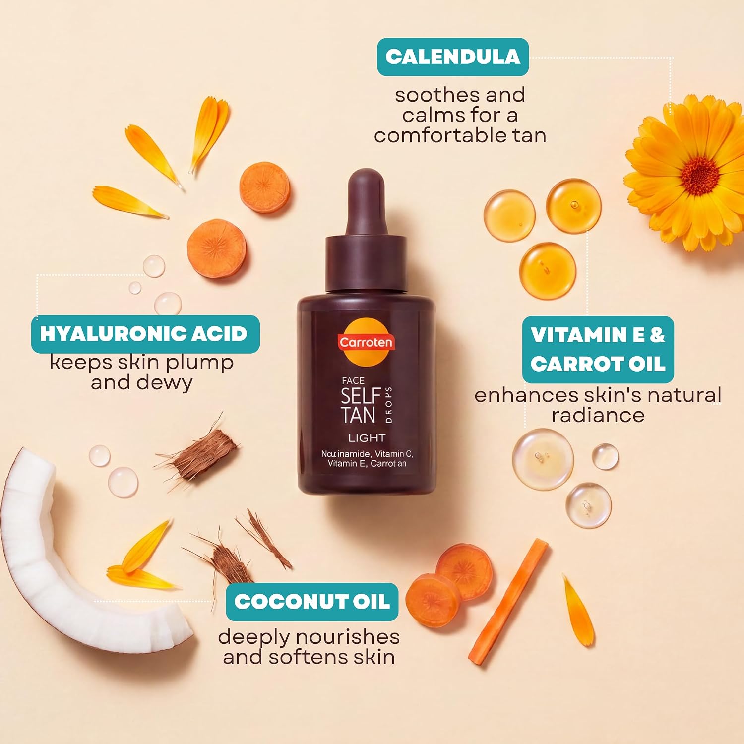 Carroten Face & Body Self Tan Drops Light, Natural Buildable Glow, 1oz