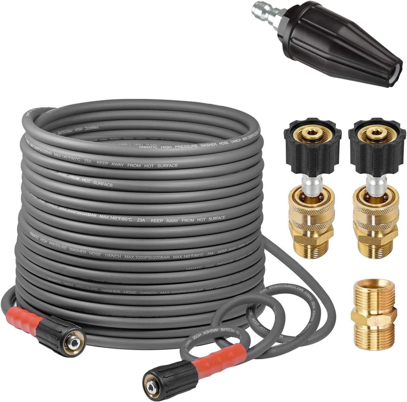 YAMATIC Super Flexible Pressure Washer Hose 50FT X 1/4",M22-14mm x 3/8" Quick Connect Kit For Gas & Electric,with Pressure Washer Tips Turbo Nozzle