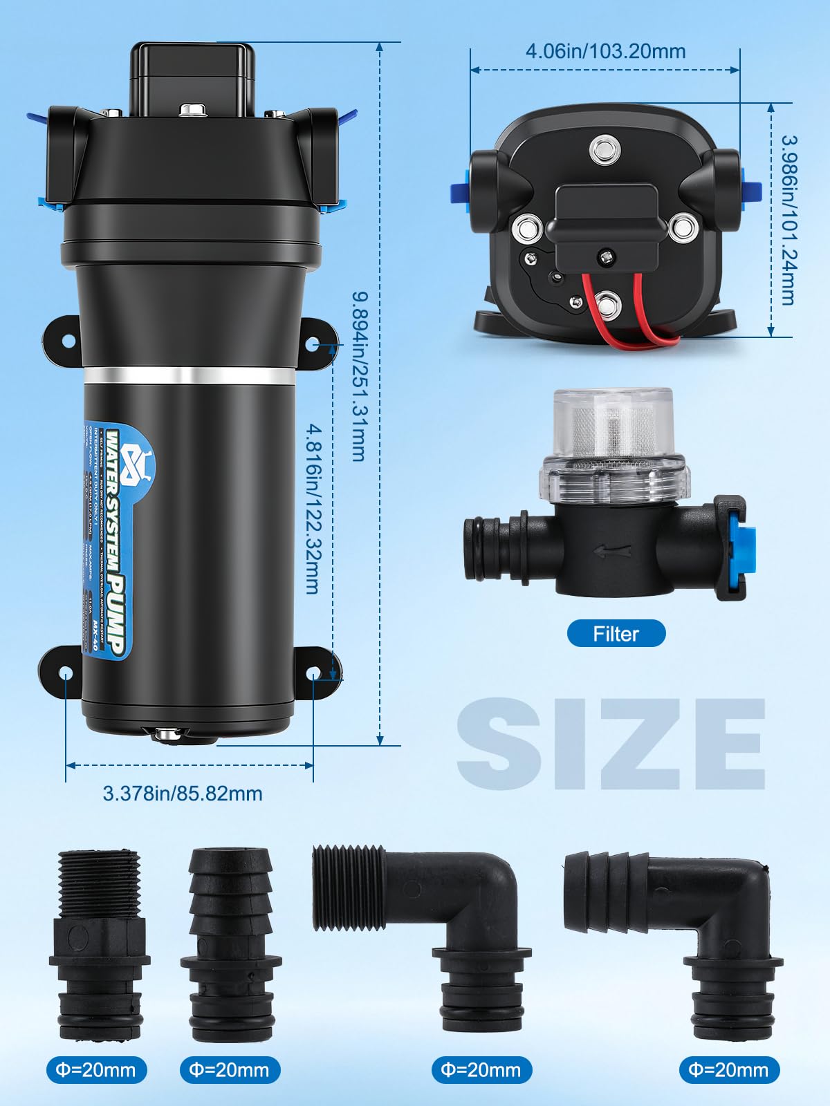Mxmoonant 12V Bomba de Agua de Membrana, Bomba de Refuerzo de 2.8Bar, 132W, 17L/min, Autocebante, con Protección contra Sobrecarga, para Caravanas, Autocaravanas, Barcos, Riego, Circulación
