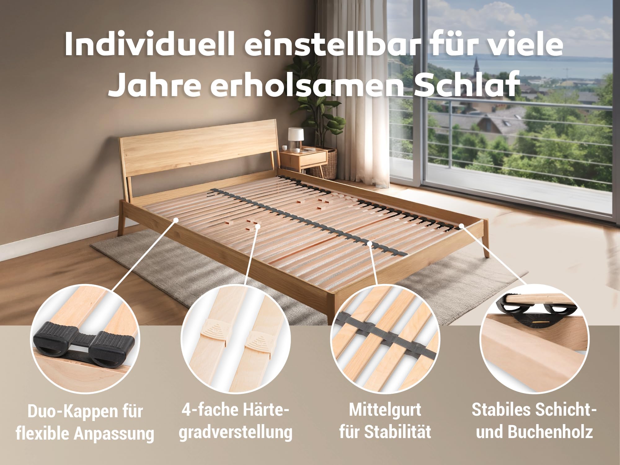 BettenABC - 7-Zonen-Lattenrost Madera mit Bettkastenfunktion - 140x200cm - Lieferung per Spedition - Öffnung nach Links - Schulter- und Beckenkomfortzone - hergestellt aus Schicht- & Buchenholz