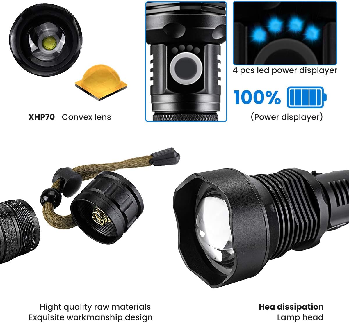 Rechargeable Led Flashlight High Lumens, 90000 Lumens Bright Flashlight Tactical Flashlight, Zoomable&Waterproof,Powerful Flashlight with 3 Modes Battery for Camping Outdoor(P70.2)