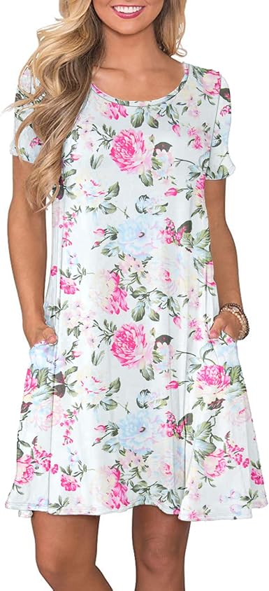 WNEEDU Women's Summer Casual T Shirt Dresses Short Sleeve Swing Dress with Pockets