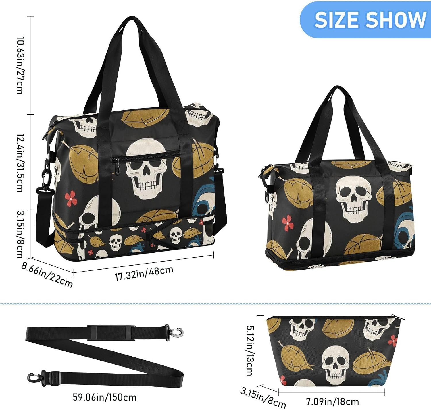 White Skull Sports Tote Gym Bag Gym Bag with Adjustable Strap for Travel 2 Pcs Set