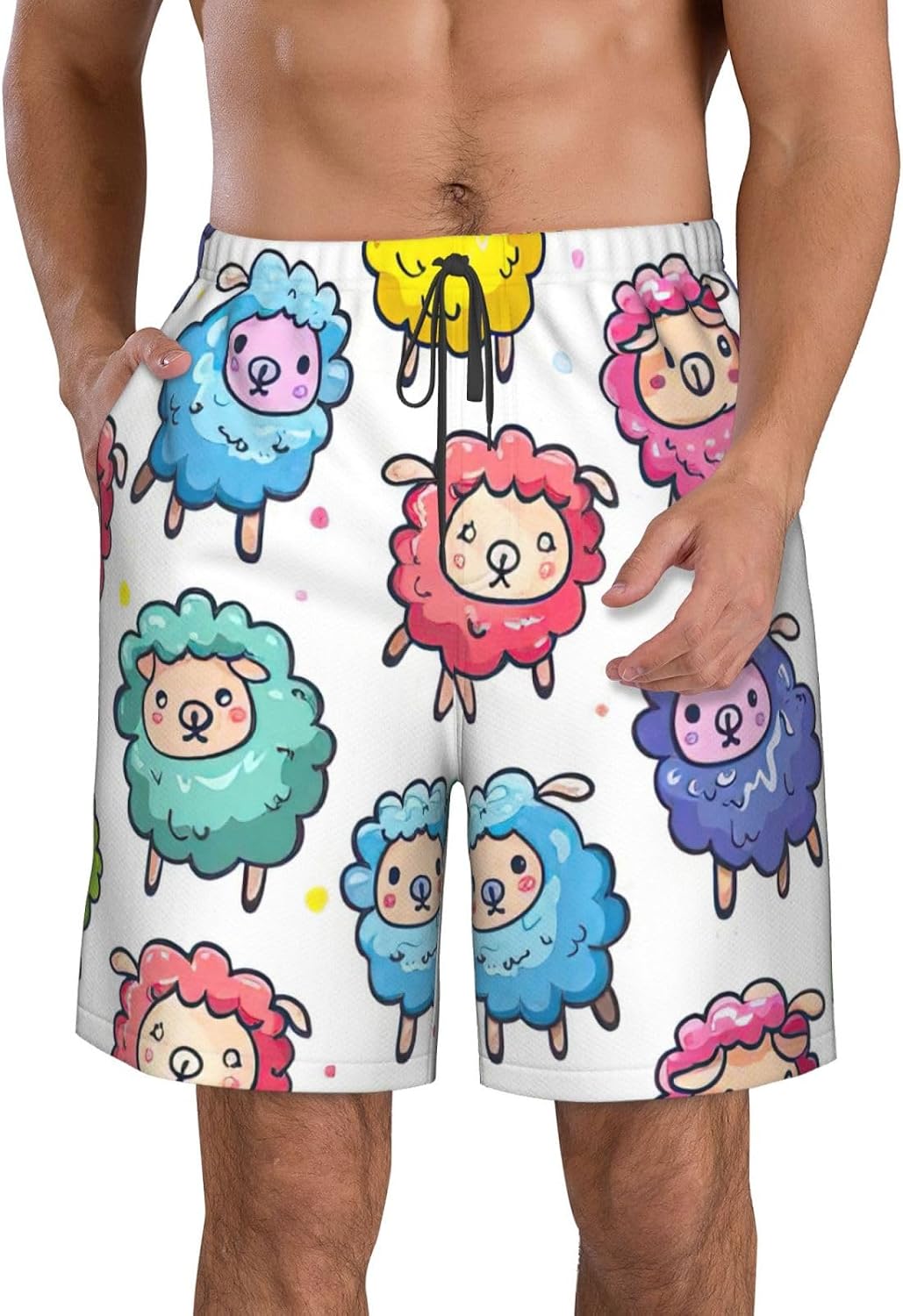 Cute Colorful Sheep Cartoon Pattern Print Mens Beach Pants Men's Novelty Swimtrunks Quick Dry Lining Beach Board Shorts S-3XL