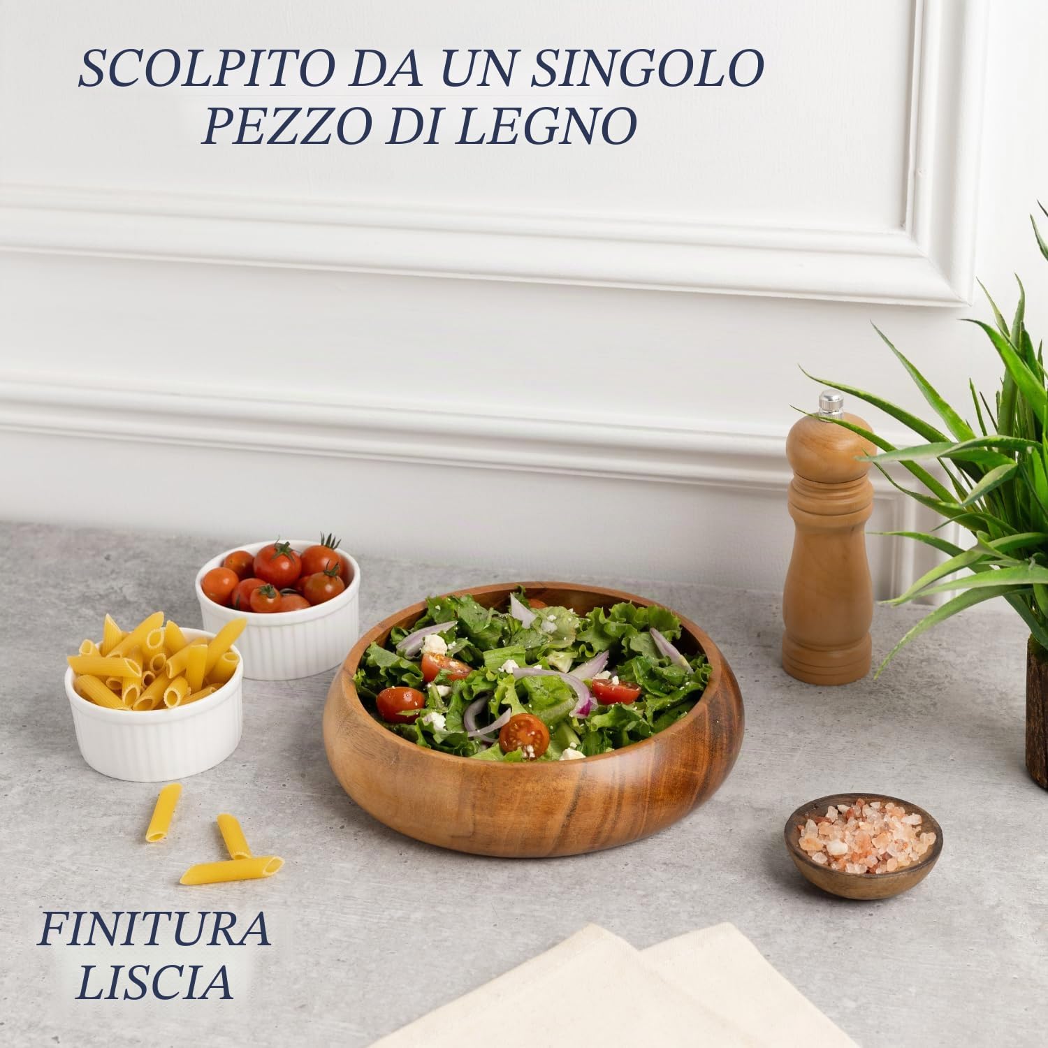 Ciotole in Legno per Alimenti | Set di 4 ciotole individuali in legno di acacia 20x5 cm (740 ml) | Goditi la tua insalata, pasta, riso, acai, frullato, zuppa, frutta, snack