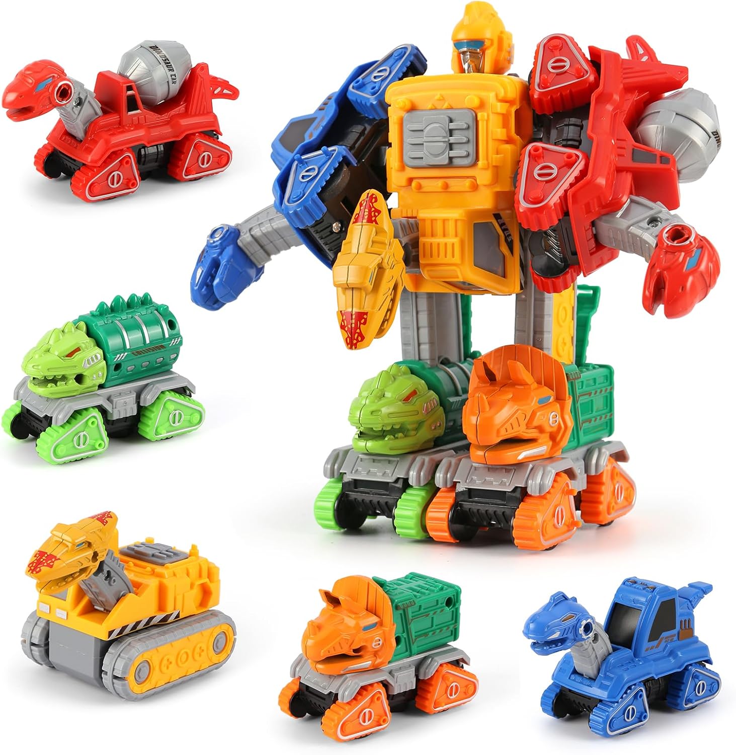 Dinosaur Toys for 3 4 5 6 Year Old Boys– 5-in-1 Detachable Construction Vehicles Set–Transform Robot Kids Toys Cars– Easy DIY Toys for Ages 5+ – Gifts for Boys Girls Birthday Christmas Easter