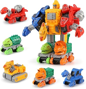 Dinosaur Toys for 3 4 5 6 Year Old Boys 5-in-1 Detachable Construction Vehicles SetTransform Robot Kids Toys Cars Easy DIY Toys for Ages 5+ Gifts for Boys Girls Birthday Christmas Easter