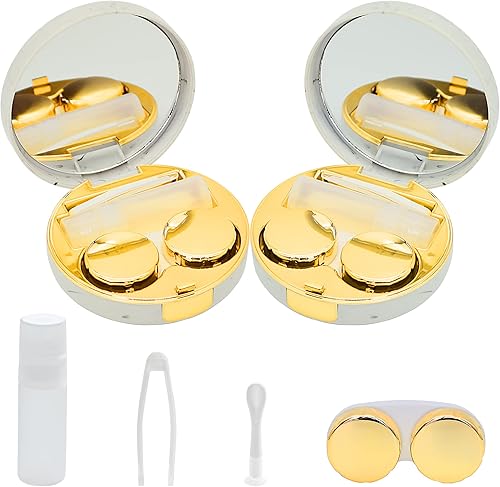Paquete de 2 fundas de lentes de contacto de mármol todo en uno contenedor de contacto de viaje Kit de almacenamiento de remojo (dorado)