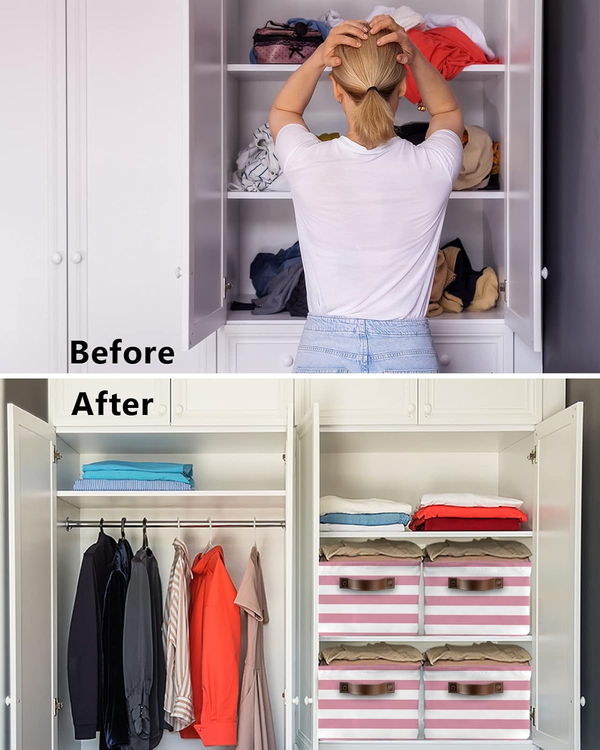 Storage Bins Large Storage Basket,Navy Anchor White Pink Stripe Collapsible Storage Bins with Handle,Nautical Ombre Geometric Art Storage Baskets Cube Organizer for Shelves Closet Nursery 2PC