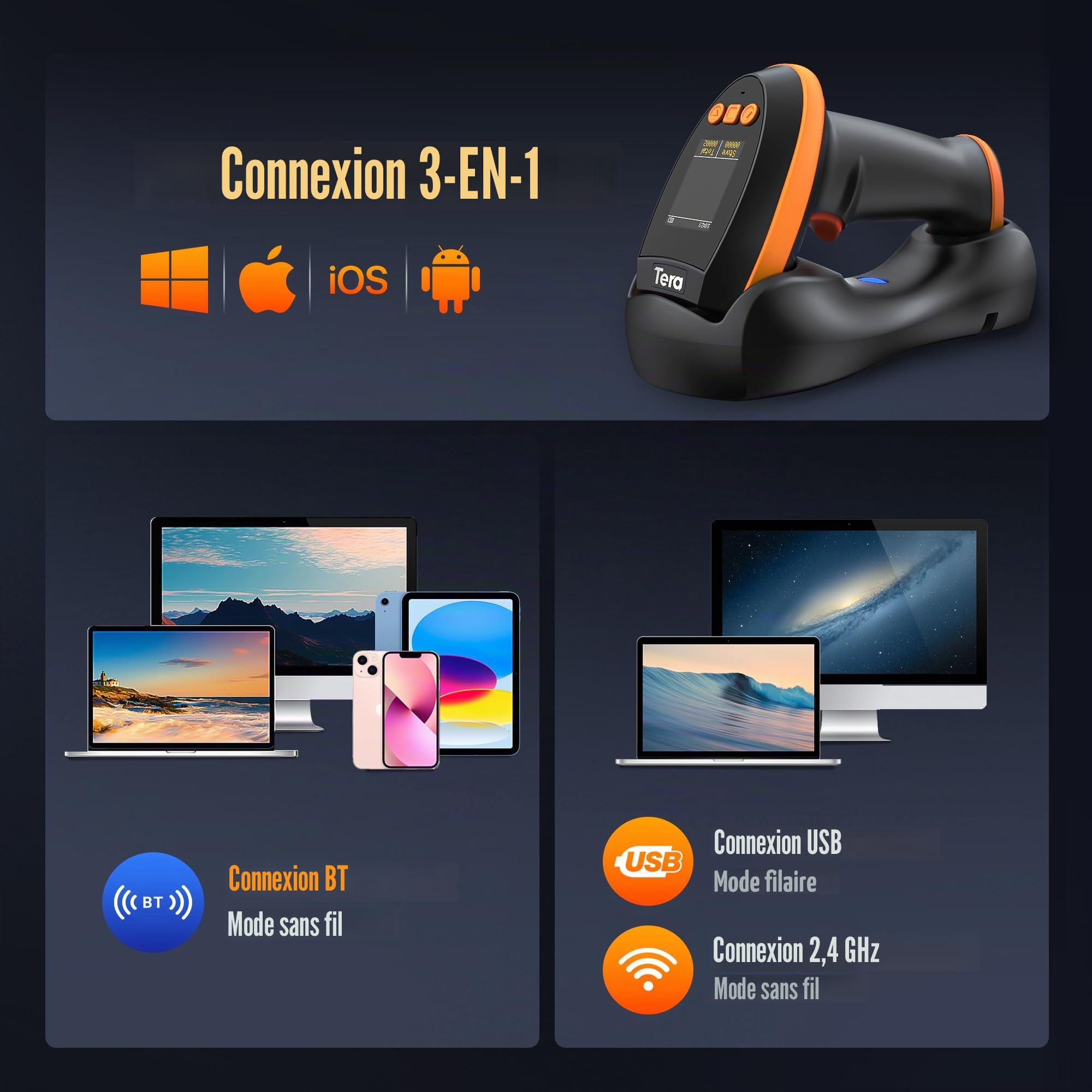 Tera Scanner de codes-barres avec écran de réglage numérique et clavier, version Pro, vitesse de numérisation extra rapide, fonctionne avec Bluetooth 2,4 G sans fil et USB filaire 1D 2D QR lecteur de