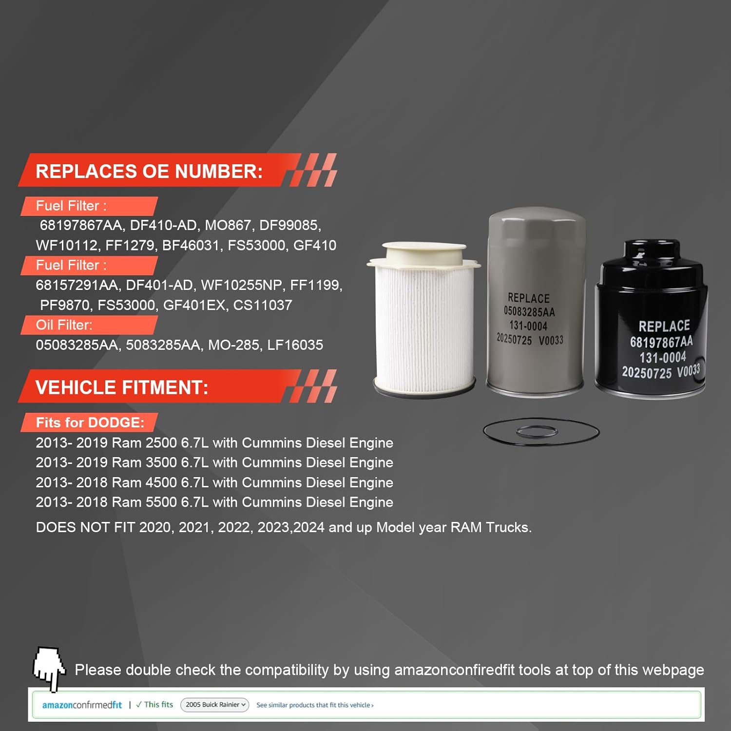 Filter Set - Fuel, Water Separator & Engine Oil Filter Bundle Compatible with Ram 6.7L Cummins Diesel, Fits for 2013-2019 Dodge Ram 2500 3500 4500 5500, Replaces 68197867AA, 68157291AA, 05083285AA
