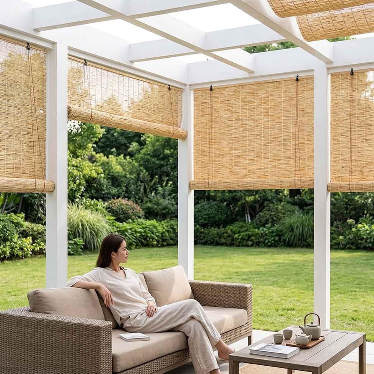 Bamboo Shades for Outdoor Patio, Natural Reed Roller Blinds for Indoor Windows, Retro Cordless Shades 20 22 27 30 36 48 72in Outside Privacy Bamboo Roll Up Shades(Natural White,30" W x 84" H)