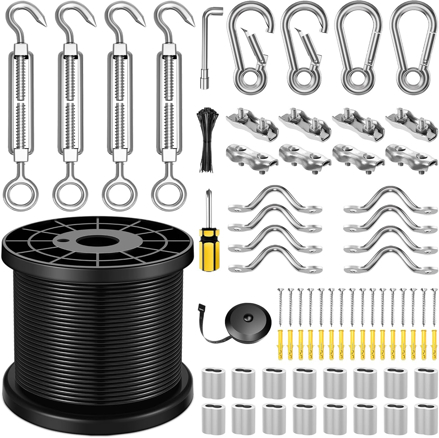 String Light Hanging Kit with 200FT Vinyl Coated Stainless Steel 304 Wire Rope Suspension Kit Included Enough Accessories with Turnbuckles and Hooks for Patio, Garden and Wedding Lighting