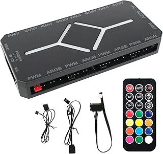 ARGB PWM Fan Hub, Addressable 5V-3PIN 2-in-1 RGB Computer PC Case Fan Hub 1 to 9 Ports Magnetic Splitter with Remote SATA Power Supply, Power Off Memory, Black