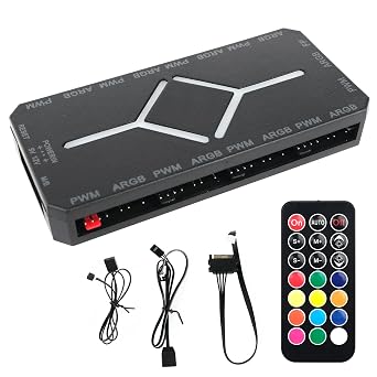 ARGB PWM Fan Hub, Addressable 5V-3PIN 2-in-1 RGB Computer PC Case Fan Hub 1 to 9 Ports Magnetic Splitter with Remote SATA Power Supply, Power Off Memory, Black