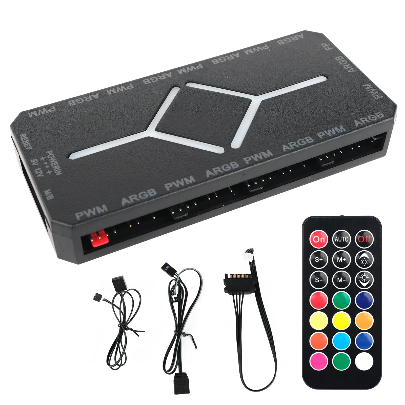 ARGB PWM Fan Hub, Addressable 5V-3PIN 2-in-1 RGB Computer PC Case Fan Hub 1 to 9 Ports Magnetic Splitter with Remote SATA Power Supply, Power Off Memory, Black