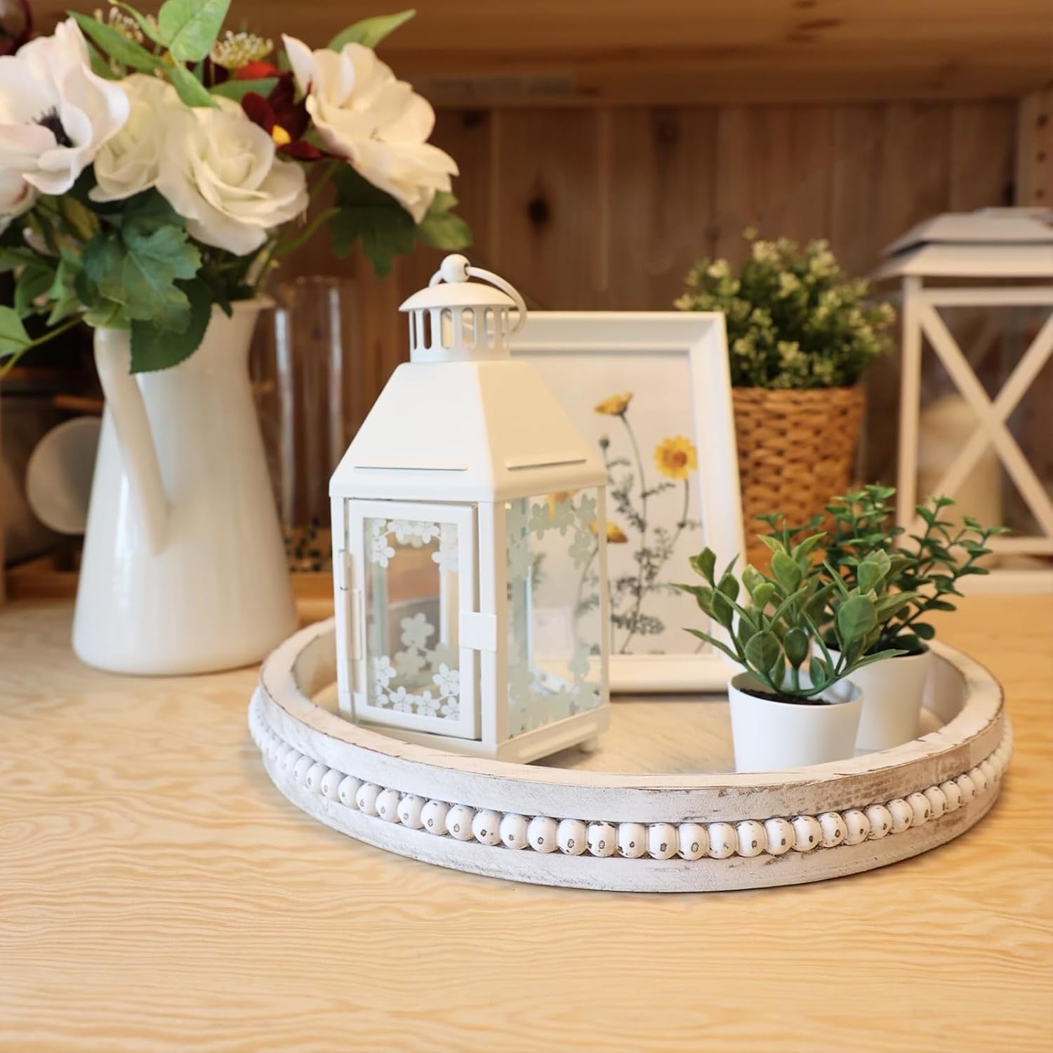 Hrastany Round Wood Serving Tray with Beaded, 13” Rustic Wooden Decorative Coffee Table Tray for Centerpiece, Ottoman, Farmhouse Circle Trays for Counter, Living Room, Home Decor (Whitewashed)