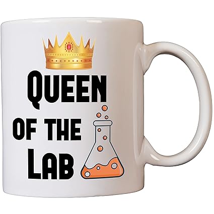 Queen of The Lab Ceramic Coffee Mug with Crown and Bubbling Flask Design, Microwave and Dishwasher Safe