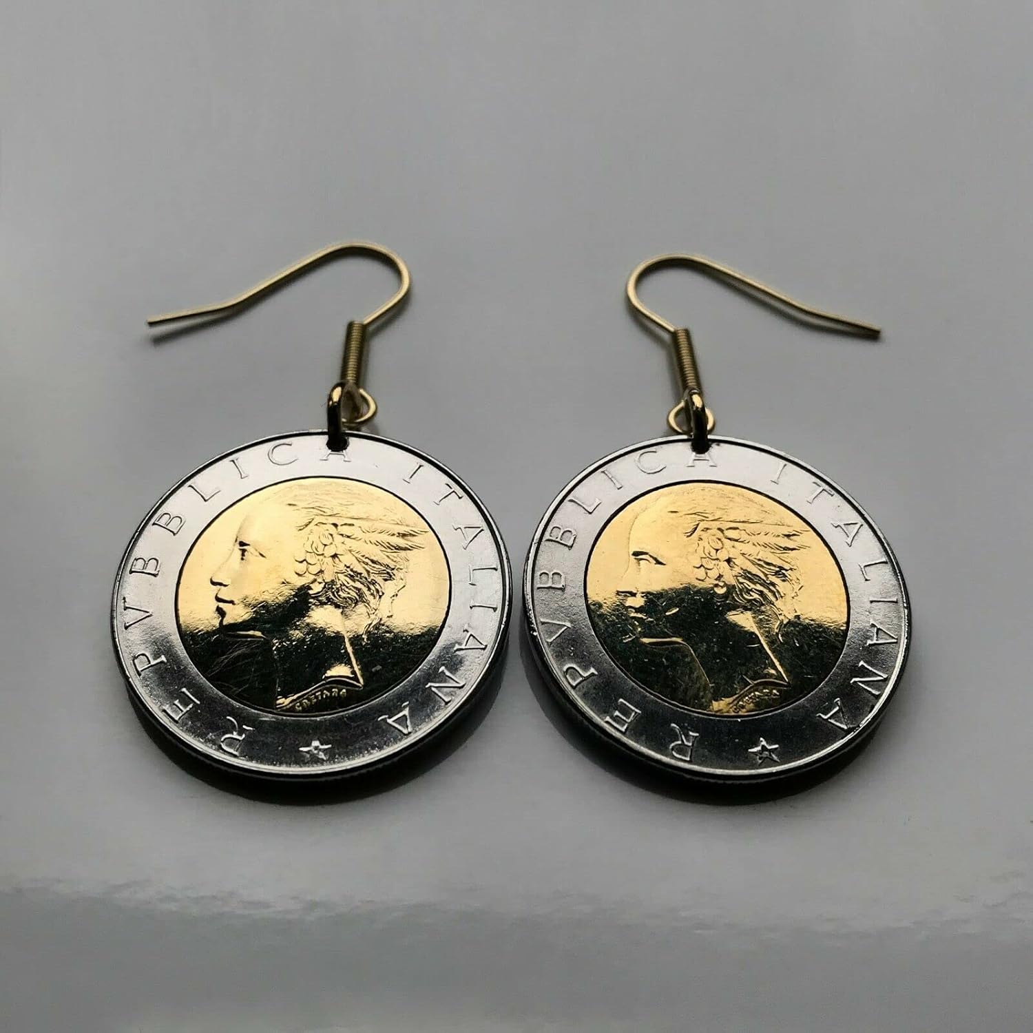 Italy 500 Lire coin dangle drop earrings Italian jewelry Mercury Rome Florence Milano Venice Amalfi Coast Torino Verona Napoli Palermo Cinque Terre Cagliari Parma Lecce Pisa Perugia Matera e000118