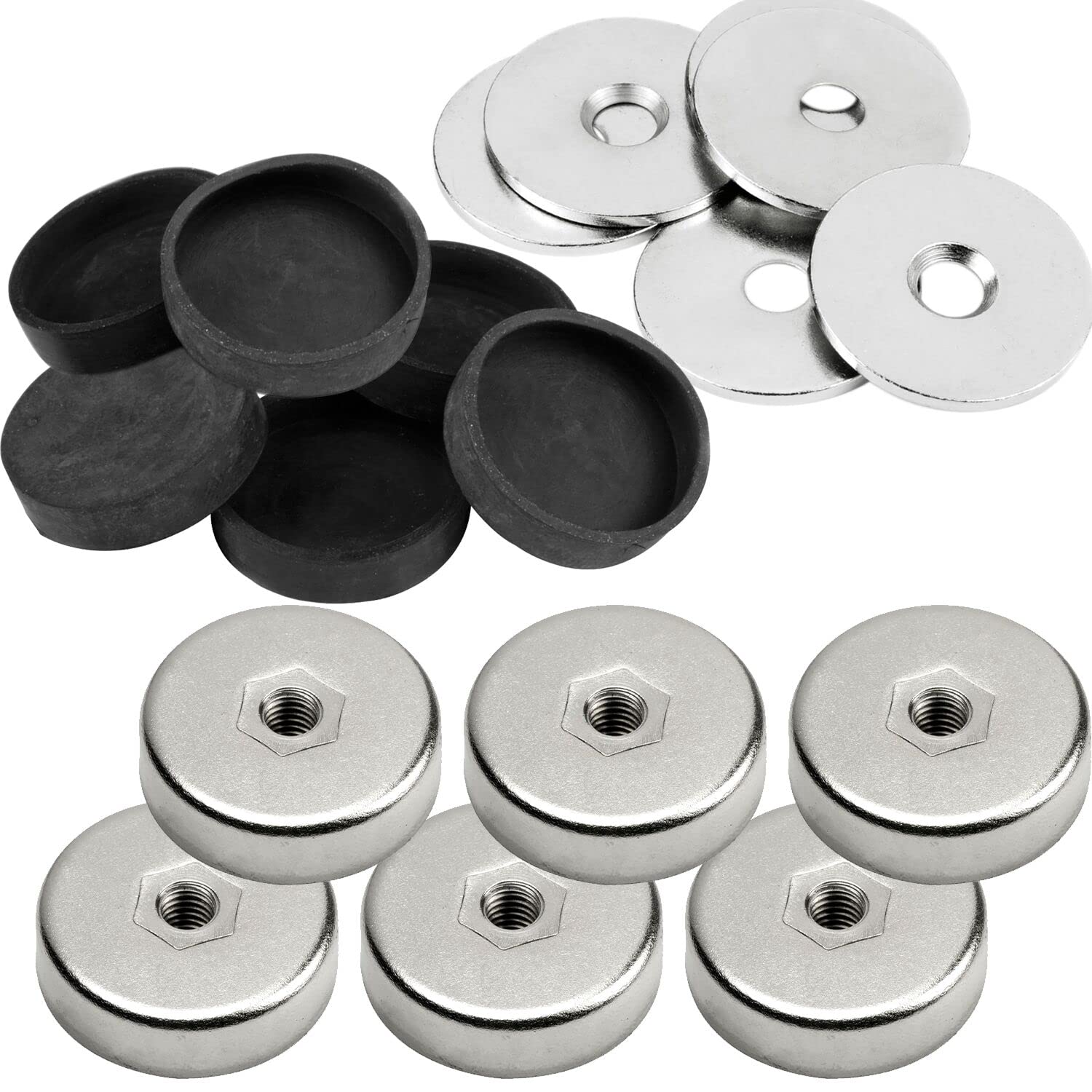 vasalat Topfmagnet mit Innengewinde, Magnet mit Metallscheiben und Gummi-Kappen, Rundmagnet ø 20mm, Neodym vernickelt 18-teilig