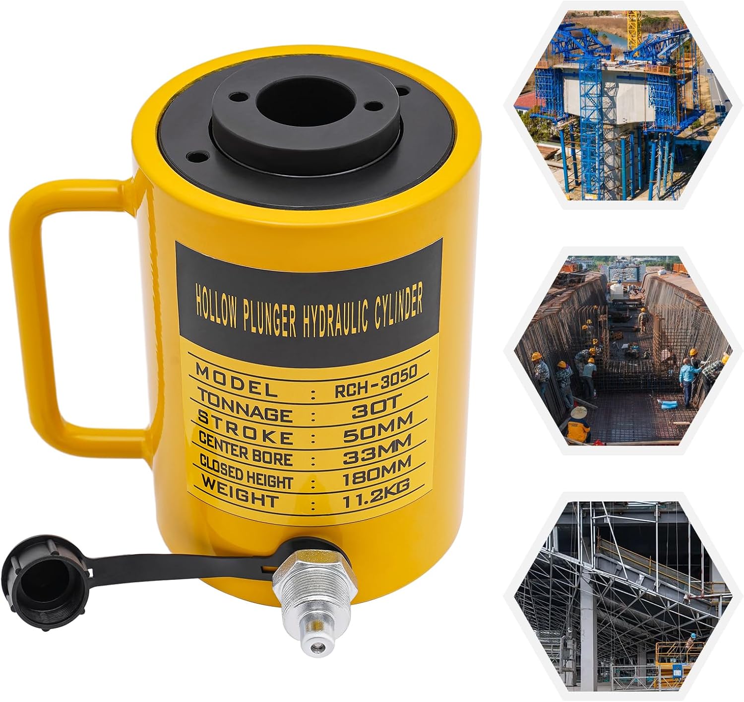 30T Hydraulic Cylinder Jack, Hollow Single Acting Hydraulic Ram Cylinder, Hydraulic Lifting Cylinders for Electric Power, Chemical Industry, Mining, Railroad, Yellow (30T 2Inch Hollow)
