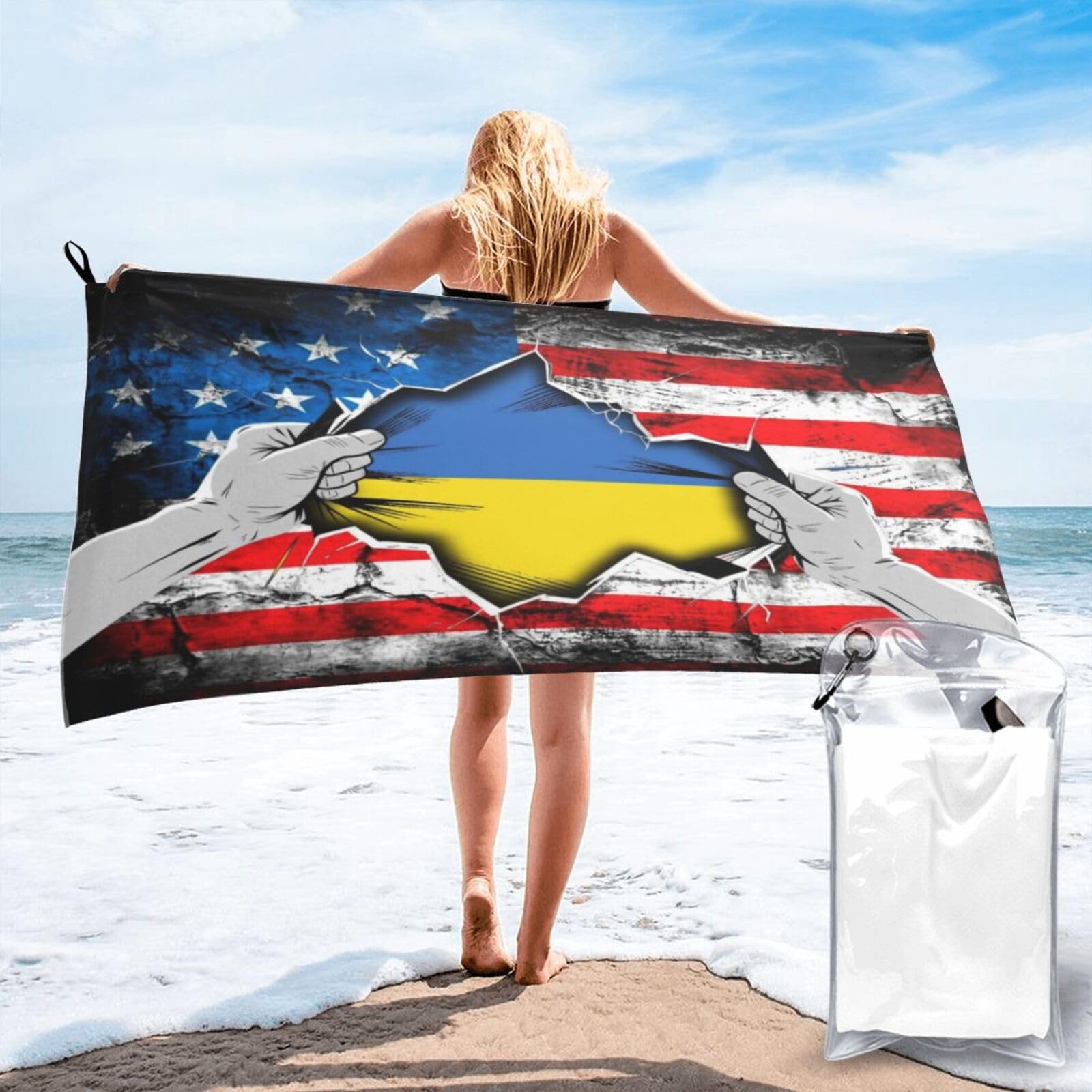 HACXZ American and Ukraine Flag Vintage Beach Towel Lightweight Absorbent Beach Towel Microfiber 27.5"X55"