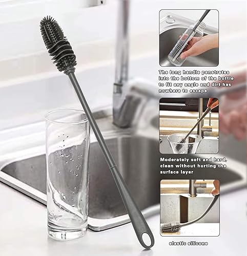 Miniatura 4 de Juego de cepillos de limpieza 3 en 1, con 2 cepillos de silicona largos para limpiar botellas de agua y 3 cucharas de pajitas, cepillo para detalles