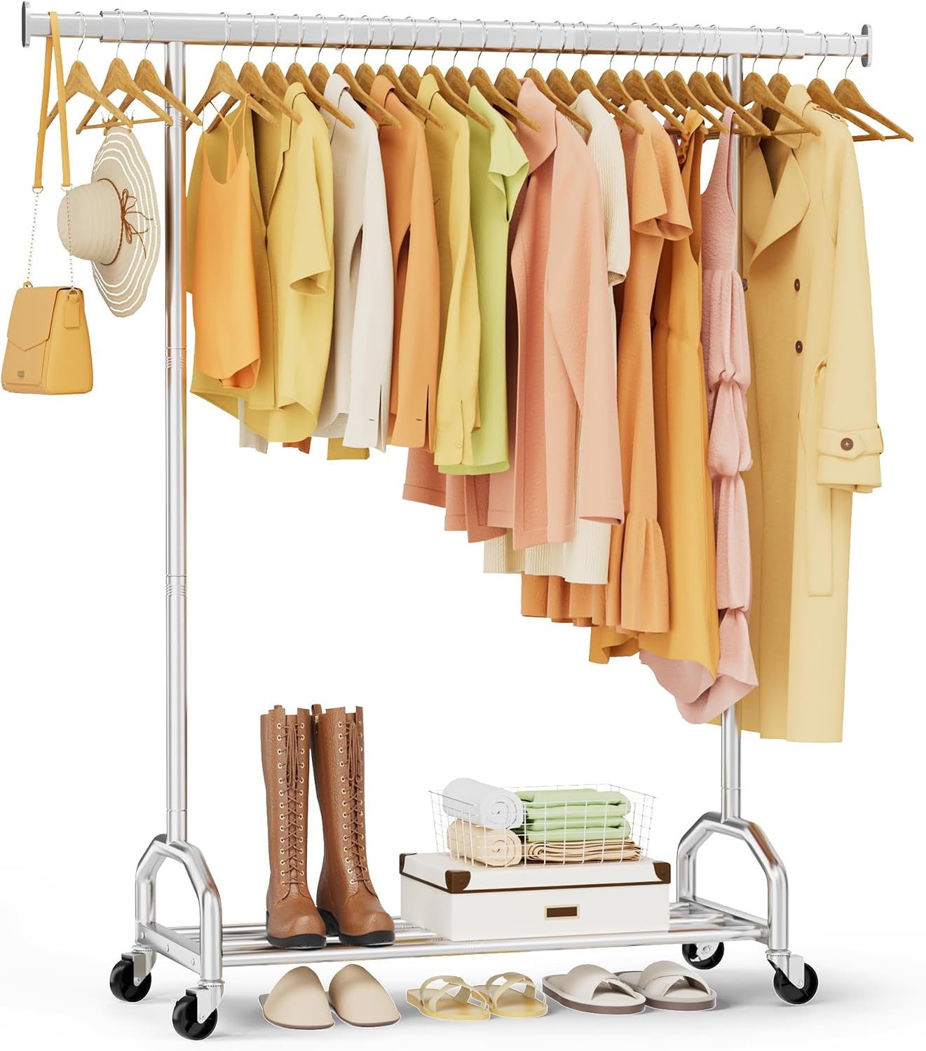 Heavy Duty Rolling Clothing Rack, Metal Garment Rack for Hanging Clothes, Portable Wardrobe Freestanding Closet Coat Rack with Shelf for Laundry Bedroom, 65", Chrome