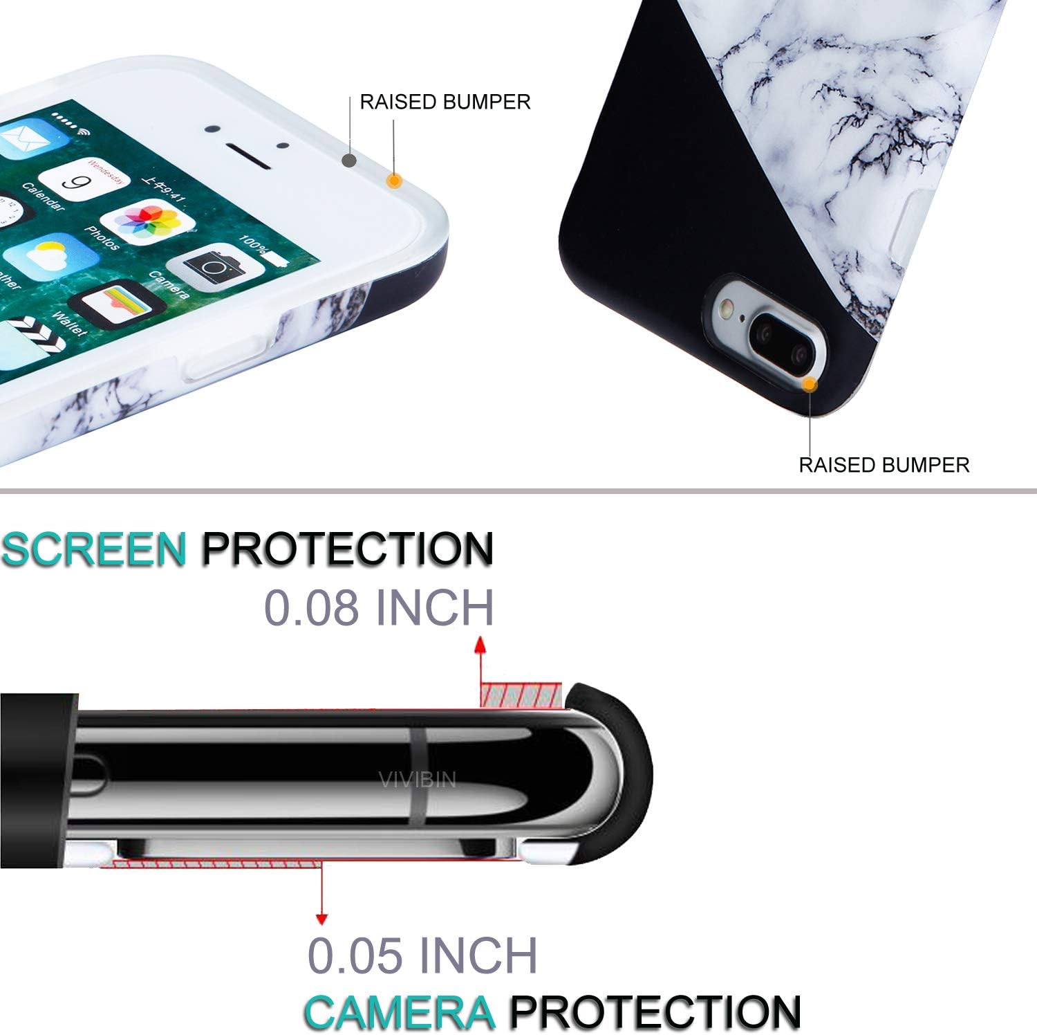 Marble iPhone 7 Plus Case Black and White,iPhone 8 Plus Case,VIVIBIN Shock Absorption Matte TPU Soft Rubber Silicone Cover Phone Case for iPhone 7 Plus/8 Plus 5.5inch