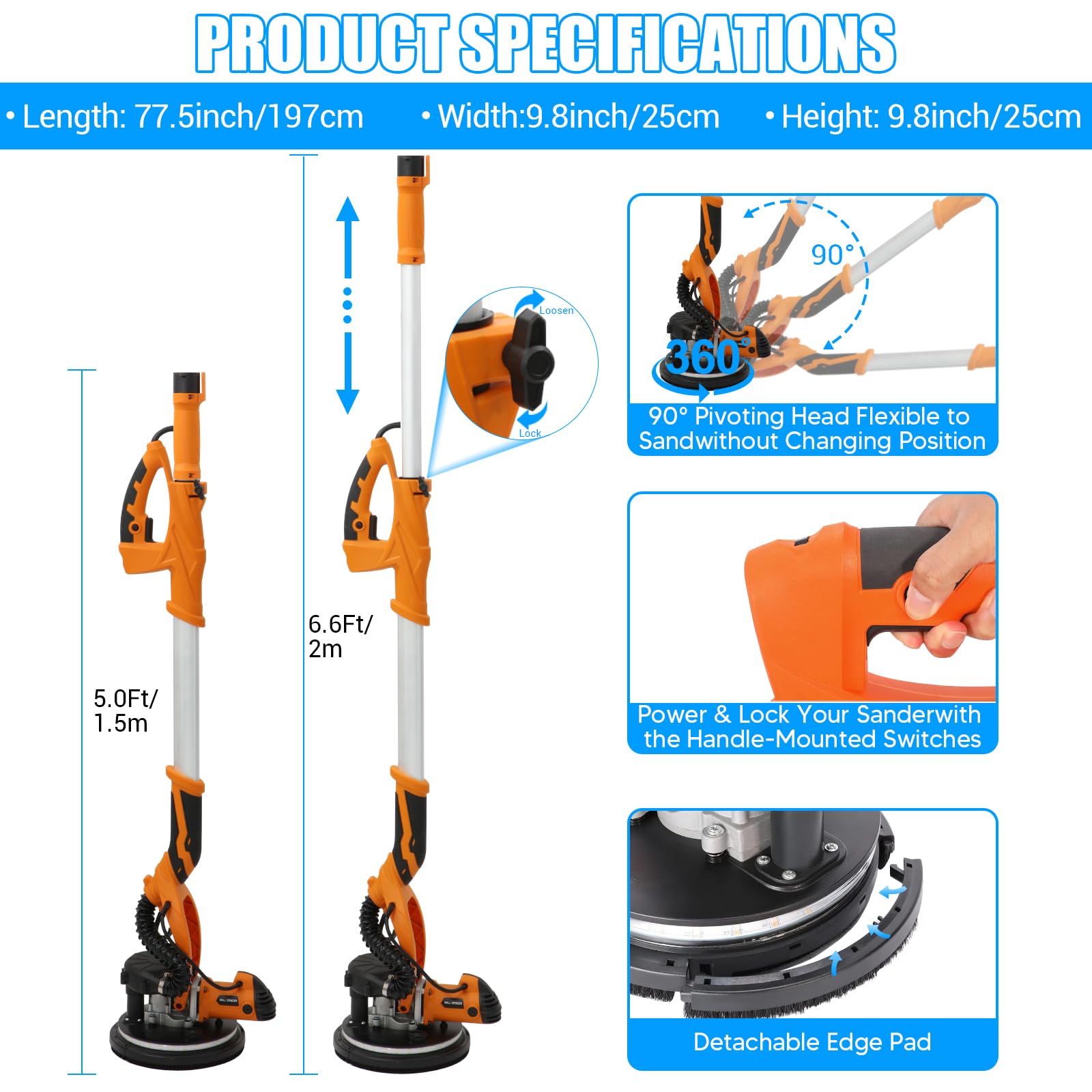 Lijadora Pared y Techo, 1250W, 5 Velocidad Ajustable (800-1800 rpm), Lijadora para paredes con aspirador, Mango Extensible,LED, Con Bolsa Colectora de Polvo