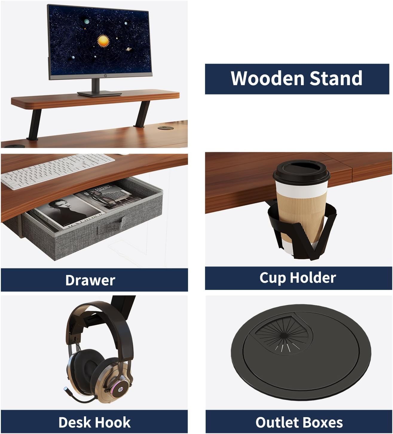 Close-up images of the wooden stand, drawer, cup holder, desk hook, and outlet boxes.