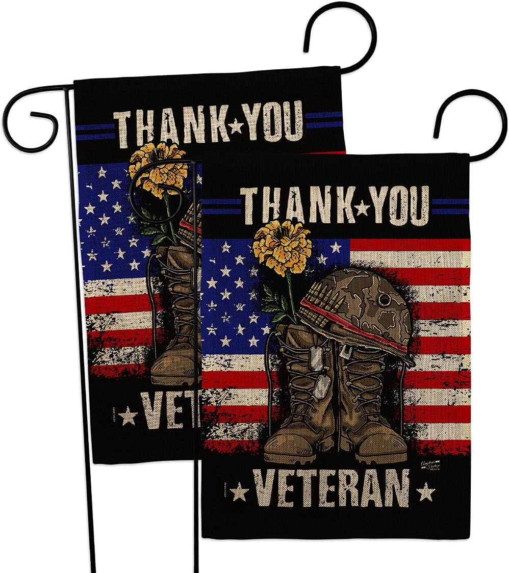 Thank you Veteran Burlap Garden Flag - 2pcs Pack Armed Forces Service All Branches Support Honor United State American Military Official - House Banner Small Yard Gift Double-Sided 13 X 18.5