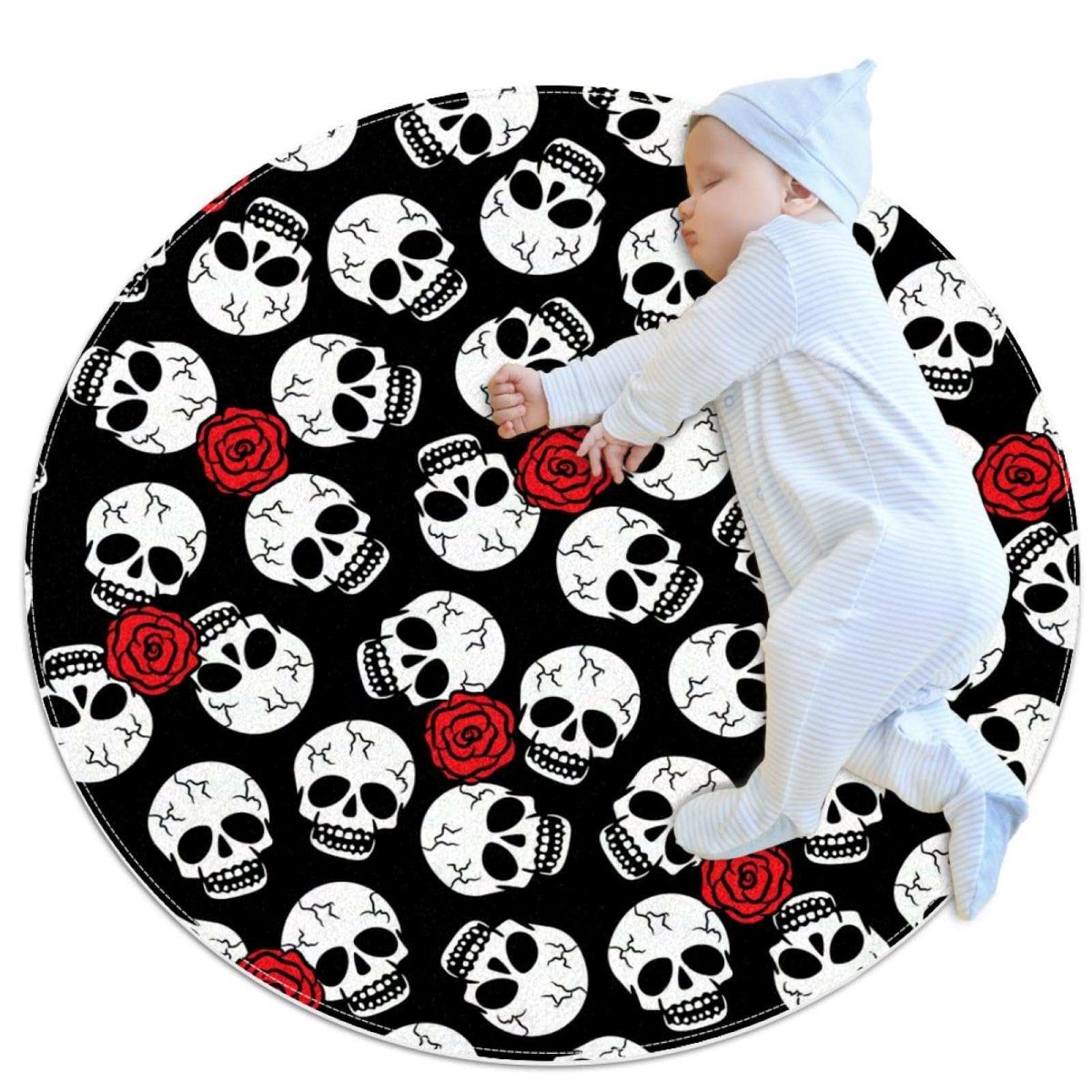 Tapis antidérapant rond 1m lavable avec imprimé fleurs et crâne pour sol de douche
