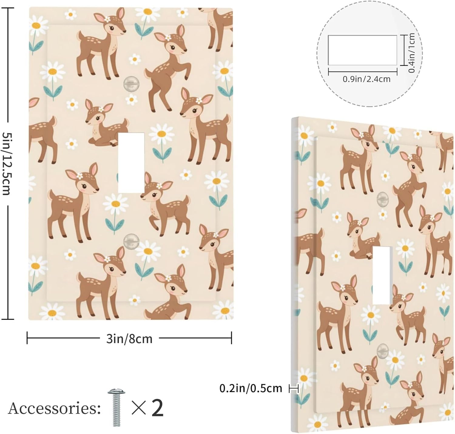 Light Switch Cover Plate Cartoon Deer White Daisy 1 Gang Single Toggle Decorative Switch Plates Wall Plates Electrical Faceplate for Bathroom Bedroom Decor