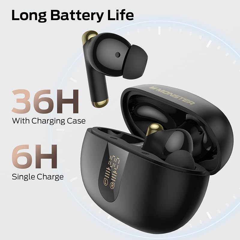 Monster Wireless Earbuds, Bluetooth 6.0 in-Ear Headphones with Charging Case, Stereo Earphones Deep Bass Sound, Built-in Mic, Clear Call, Water Resistant Design for Sports Black image 4