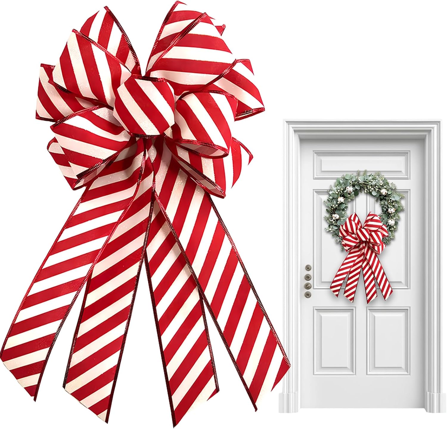 Natural Stripes Wreath Bows for Front Door, Khaki Stripes Burlap Ribbon Bowknot Farmhouse Craft Bows Accessories for Wreath Tree Home Decorations